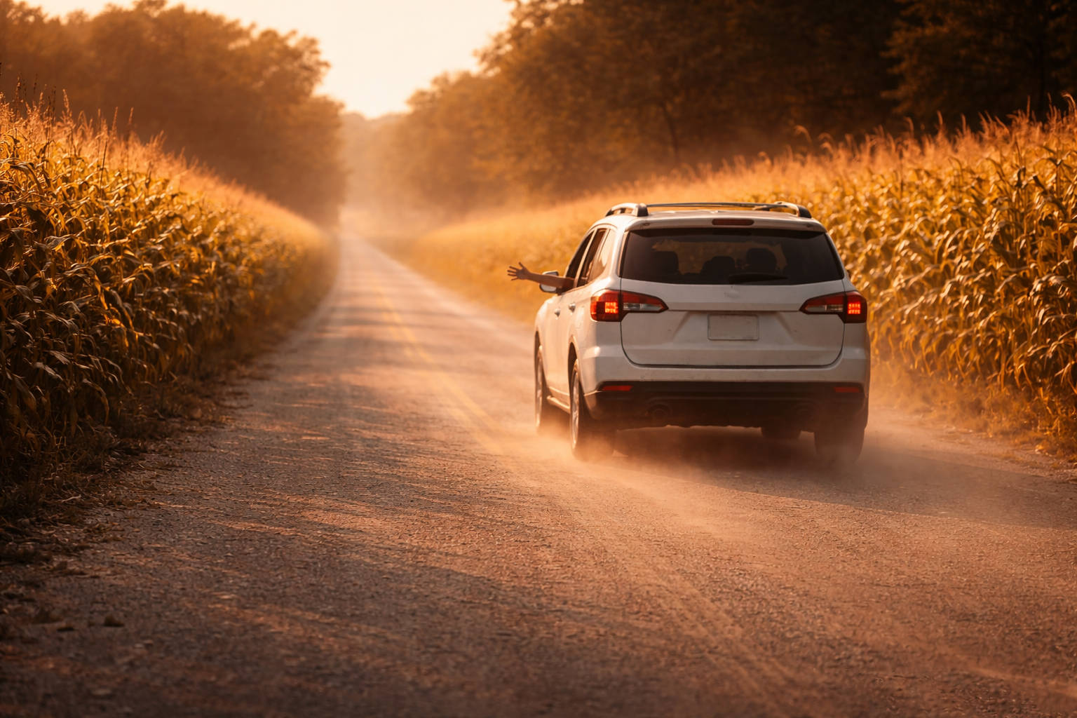 White SUV through cornfields